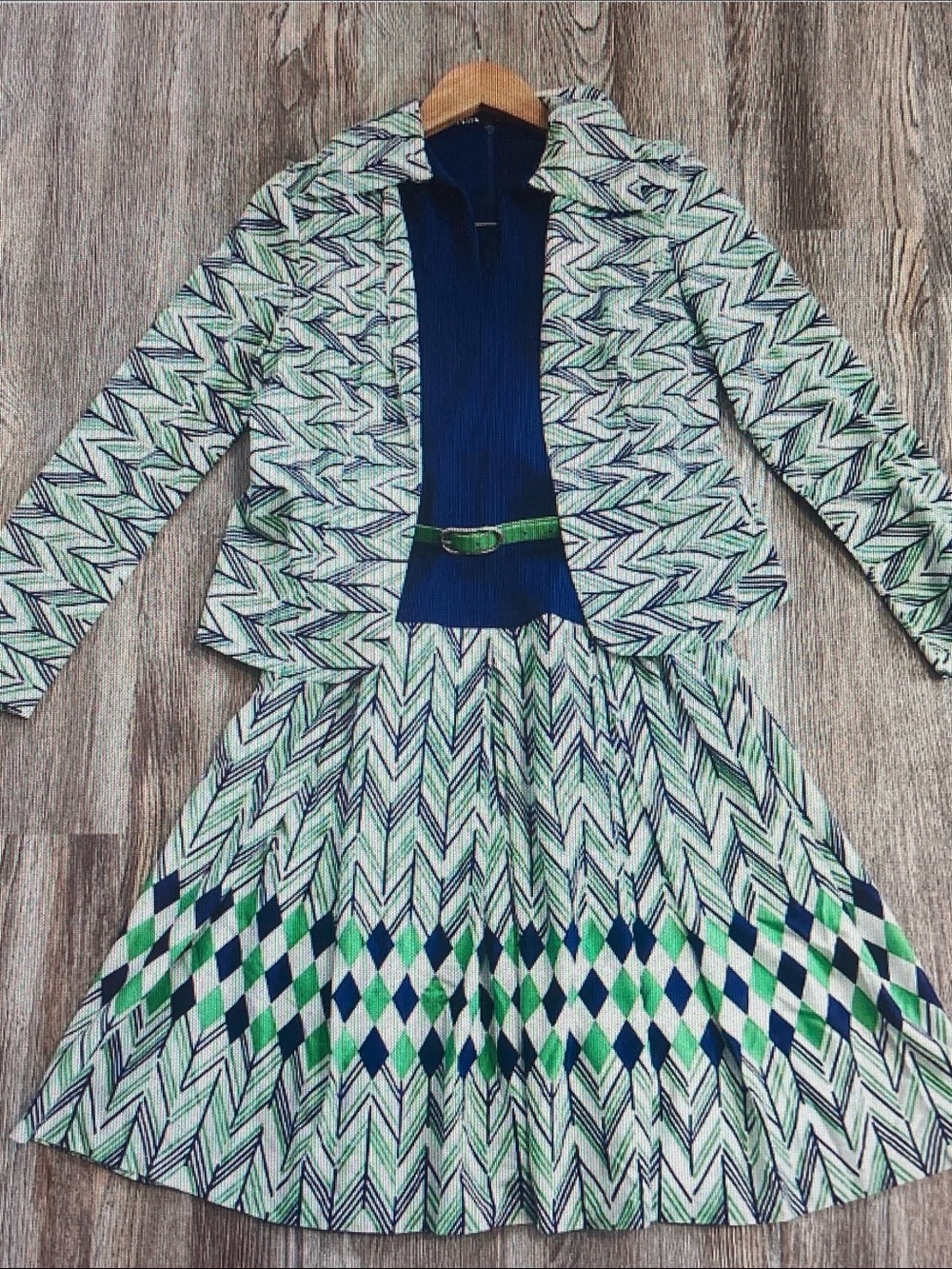 Chevron-Print Midi Dress with Coordinating Jacket in Green & Blue